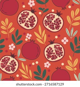 Vibrante patrón sin fisuras con granadas estilizadas, hojas y flores delicadas sobre un fondo de terracota cálido. 