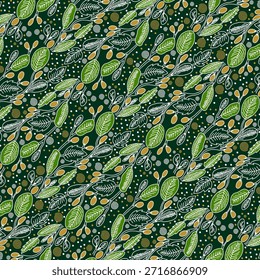 Un patrón vibrante sin fisuras con hojas verdes estilizadas y puntos Pequeños dispuestos diagonalmente sobre un fondo verde oscuro, creando un diseño textil orgánico y decorativo.