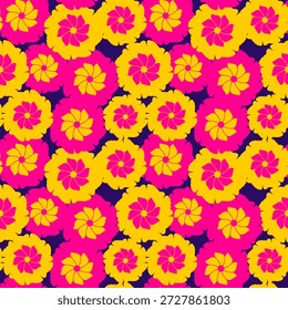 Un patrón vibrante sin fisuras con flores estilizadas de color rosa y amarillo dispuestas densamente sobre un fondo azul oscuro, creando un diseño alegre y enérgico.