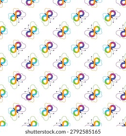 Vibrant seamless pattern featuring stylized butterflies with rainbow infinity symbol bodies and colorful outline wings on a white background. Perfect for neurodiversity awareness, children's designs, fabrics, and diverse creative projects.