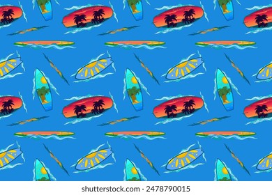 Vibrant seamless pattern featuring surfboards and waves, perfect for summertime designs and backgrounds. Ideal for beach and ocean-themed projects.