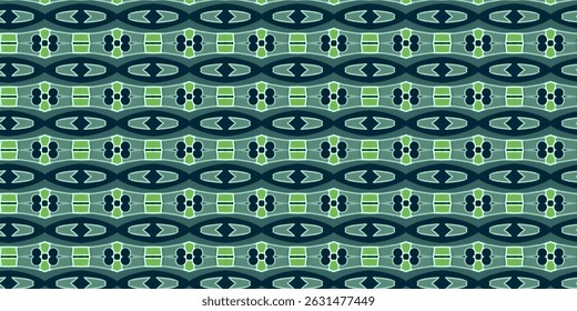 A vibrant seamless pattern featuring symmetrical tribal motifs in green, navy, and teal.