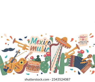 Vibrant Seamless Pattern Featuring Traditional Mexican Musical Instruments Like Maracas, Guitarron, And Trumpet, Harp