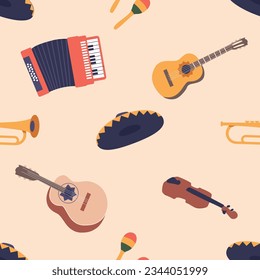 Vibrant Seamless Pattern Featuring Traditional Mexican Musical Instruments and Sombrero. Guitars, Maracas, And Trumpet