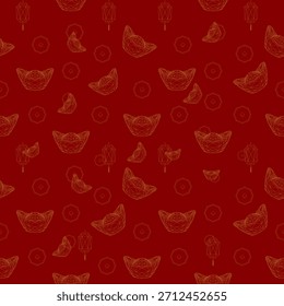 Un vibrante patrón sin fisuras con símbolos chinos tradicionales delineados en un moderno estilo de estructura de alambre dorado sobre un fondo rojo profundo.