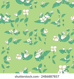 A vibrant seamless pattern featuring trillium flowers and green leaves against a lush green background.