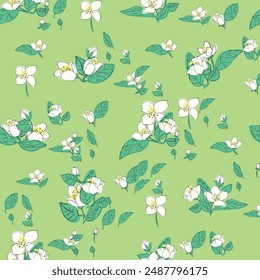 A vibrant seamless pattern featuring trillium flowers and green leaves against a lush green background.