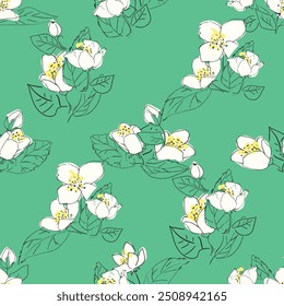 A vibrant seamless pattern featuring trillium flowers and green leaves against a lush green background.