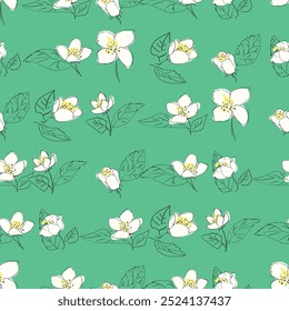 A vibrant seamless pattern featuring trillium flowers and green leaves against a lush green background.