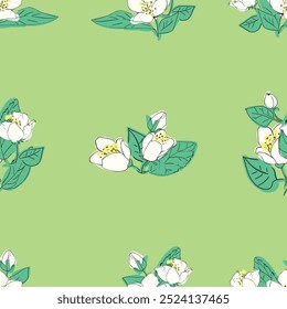 A vibrant seamless pattern featuring trillium flowers and green leaves against a lush green background.