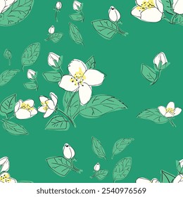 A vibrant seamless pattern featuring trillium flowers and green leaves against a lush green background.