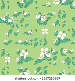 A vibrant seamless pattern featuring trillium flowers and green leaves against a lush green background.