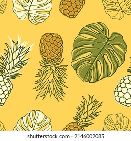 Vibrant seamless pattern featuring tropical floral leaves, palm leaves, Monstera, and pineapple. A hand-drawn exotic jungle design, perfect for summer fashion, wrapping paper, and prints.