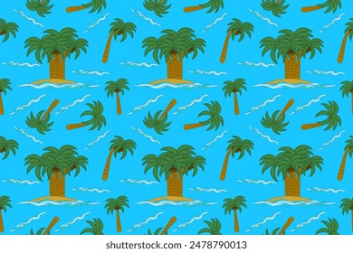 Vibrant seamless pattern featuring tropical palm trees and ocean waves. Ideal for summertime designs, backgrounds, and textiles.