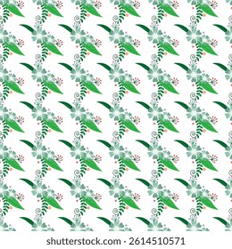 A vibrant seamless pattern featuring tropical floral elements with green leaves and blossoms, perfect for design applications and background purposes. The motif exudes a fresh and natural aesthetic.