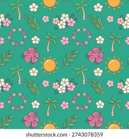 Vibrant seamless pattern featuring tropical palm leaves, hibiscus flowers, watermelon, coconut cocktails, and beach accessories. Ideal for summer party invitations, scrapbooking, and textile prints.