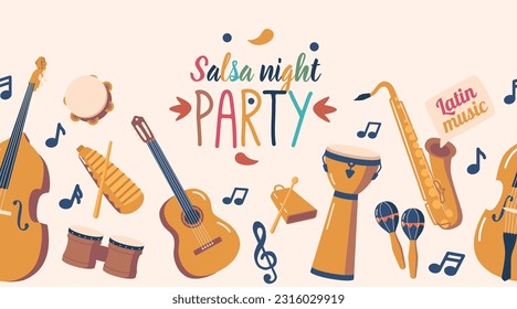 Vibrant Seamless Pattern Featuring A Variety Of Latino Music Instruments, Cello, Guitar, Drums, Maracas and Sax