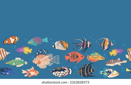 Vibrant Seamless Pattern Featuring Variety Of Colorful Sea Fishes Swimming Gracefully, Creating A Captivating Scene
