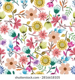 A vibrant seamless pattern featuring a variety of colorful wildflowers and botanical elements, perfect for textile, wallpaper, and background design.