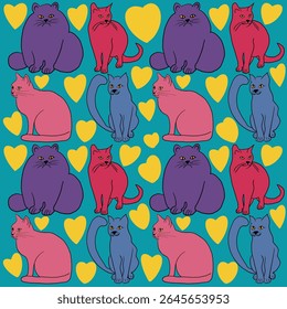 А vibrant seamless pattern featuring various stylized cats in shades of pink, blue, purple, and red, interspersed with yellow heart shapes, all set against a teal background.
