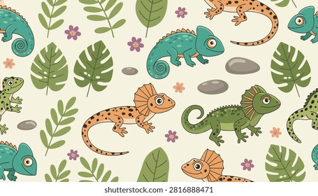Vibrant seamless pattern featuring various cute cartoon lizards and chameleons with tropical jungle leaves.