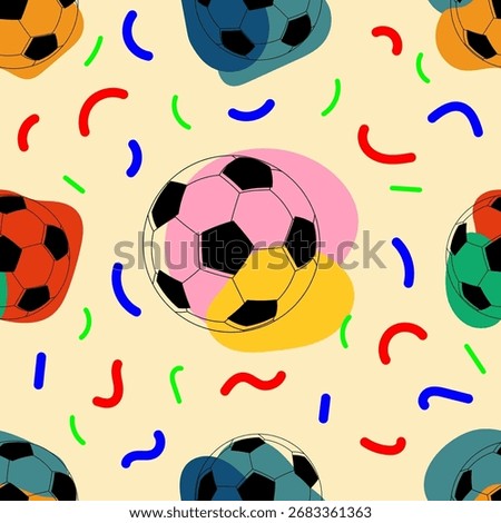 Vibrant seamless pattern featuring various colored soccer balls and playful abstract squiggles on a cream background.