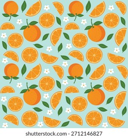 Ein lebendiges, nahtloses Muster mit ganzen Orangen, orangefarbenen Scheiben, Zitruskeilen, grünen Blättern und kleinen weißen Blüten auf erfrischend hellblauem Hintergrund. Dieser helle und fröhliche Zitrus.