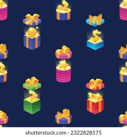 Vibrant Seamless Pattern Featuring Wrapped Open Gift Boxes With Assets And Surprises. Coin, Star, Question Sign, Dollar. 3D Illustration