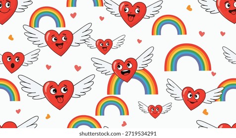 Vibrante patrón sin fisuras lleno de personajes de corazón rojo alado que muestran varias expresiones, arcoíris de colores y pequeños corazones flotantes.