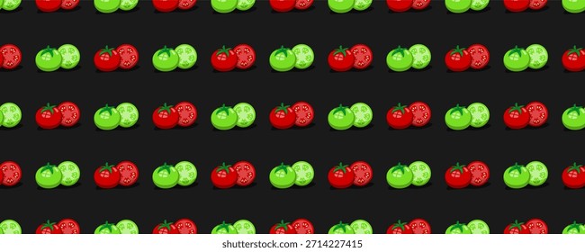 Lebhaftes, nahtloses Muster aus frischen roten und grünen Tomaten, ganz und in Scheiben geschnitten, auf dunklem Hintergrund dargestellt