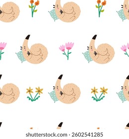Vibrant seamless pattern with funny anteater characters and blooming flowers in cartoon childish style