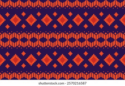 Vibrant seamless pattern with geometric diamond motifs. Orange and dark blue color palette. Suitable for fashion apparel, home decor, interior design, and cultural or artistic projects.