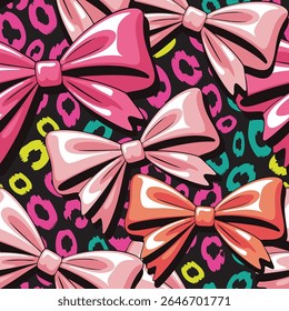 A vibrant seamless pattern of glossy pink bows over colorful leopard spots. Perfect for Y2K, coquette, and teen fashion designs