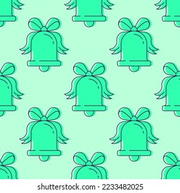 Vibrant seamless pattern of green bell on light green background for printing, wrapping, websites, postcards, wallpapers. Christmas, New Year and holiday concept