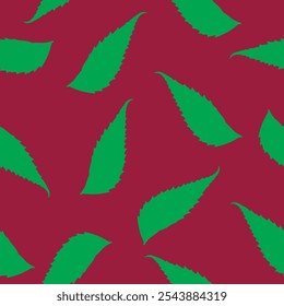 Vibrant seamless pattern of green neem leaves on a bold red background, creating a striking and colorful nature-inspired design. Ideal for textiles, wallpapers, and decorative backgrounds.