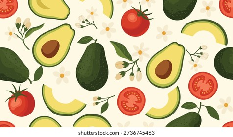 Vibrant seamless pattern of healthy green avocados, ripe red tomatoes, and delicate white blossoms on a warm cream-colored background.