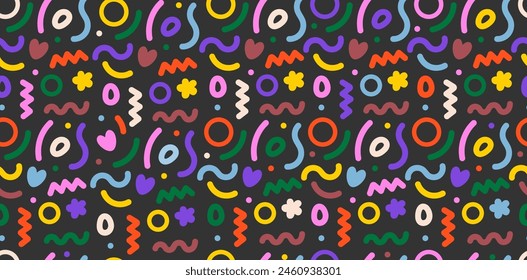 Vibrant, seamless pattern illustration for a birthday party celebration black background with various colorful lines,shapes,hearts,and flowers.Perfect for wrapping paper or decorations.Vector EPS 10