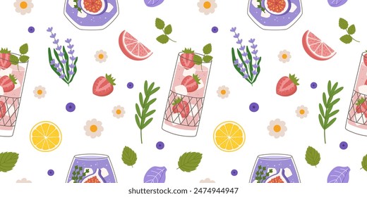 Vibrant seamless pattern with lemonade drinks, citrus, berries, and herbs. Includes elements such as lemon, strawberry, mint leaves, and flowers, ideal for seasonal projects and decorations