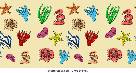 Vibrant seamless pattern in line art style featuring seabed elements like seaweed, corals, and starfish on a warm background.