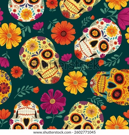 Vibrant seamless pattern with Mexican sugar skulls and colorful flowers. Perfect background design for the Day of the Dead Día de los Muertos and Cinco de Mayo festival