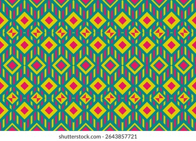 A vibrant seamless pattern of neon green, pink, and yellow geometric blocks. Modern tribal style for energetic fashion items, kidswear, or festival-themed design.