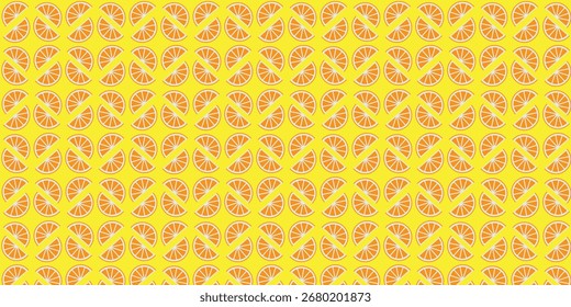Padrão contínuo vibrante de fatias de laranja em um fundo amarelo brilhante, simbolizando a frescura, as vibrações de verão e o design frutado decorativo.