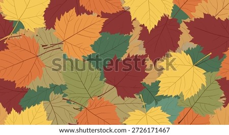 Vibrant seamless pattern of overlapping autumn maple and oak leaves in various warm colors fills the entire frame.