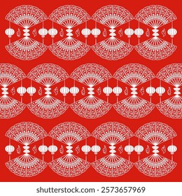 A vibrant seamless pattern perfect for Chinese New Year celebrations, featuring white cherry blossom motifs and traditional wave-like designs arranged diagonally on a rich red background. This elegant