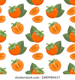 Vibrante patrón sin fisuras con fruta de caqui y hojas sobre un fondo blanco. Fondo de frutas tropicales.