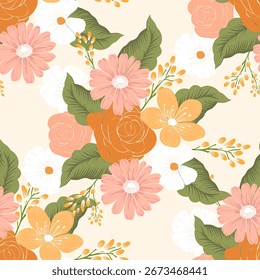 Vibrant seamless pattern with pink and orange flowers, green leaves, and soft cream background. Great for fabric, wallpaper, packaging, and cheerful summer designs.