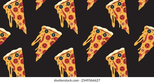 vibrant seamless pattern with pizza slices and stretchy cheese