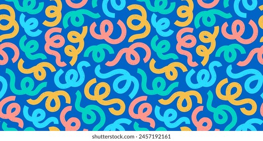 Vibrant seamless pattern with playful party streamers, swirls, abstract squiggle doodles on a cheerful blue backdrop. Fun birthday party invitation background design. Seamless bold festive texture.