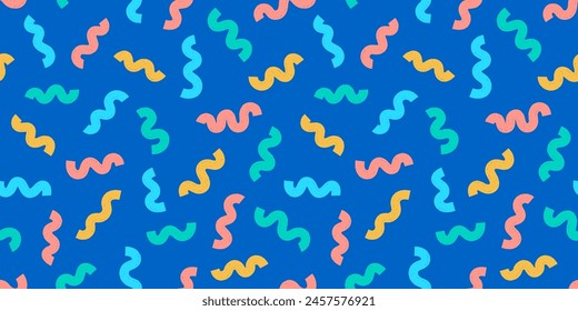 Patrón vibrante sin fisuras con serpentinas de fiesta divertidas y garabatos abstractos divertidos en un fondo azul alegre. El serpentín de la fiesta colorida arremolina el diseño festivo del fondo para las invitaciones divertidas del cumpleaños.