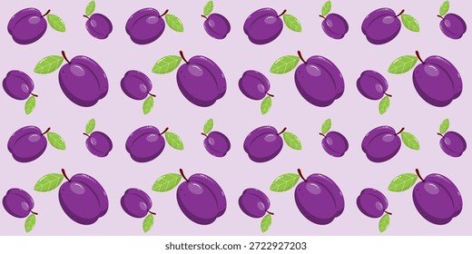 Vibrante patrón sin fisuras con ciruela sobre fondo púrpura.  Patrón repetido con frutas. Estilo plano de la historieta. Fondo para el diseño, tela, textil, decoraciones de cocina, decoración, papel de embalaje. Ilustración vectorial.